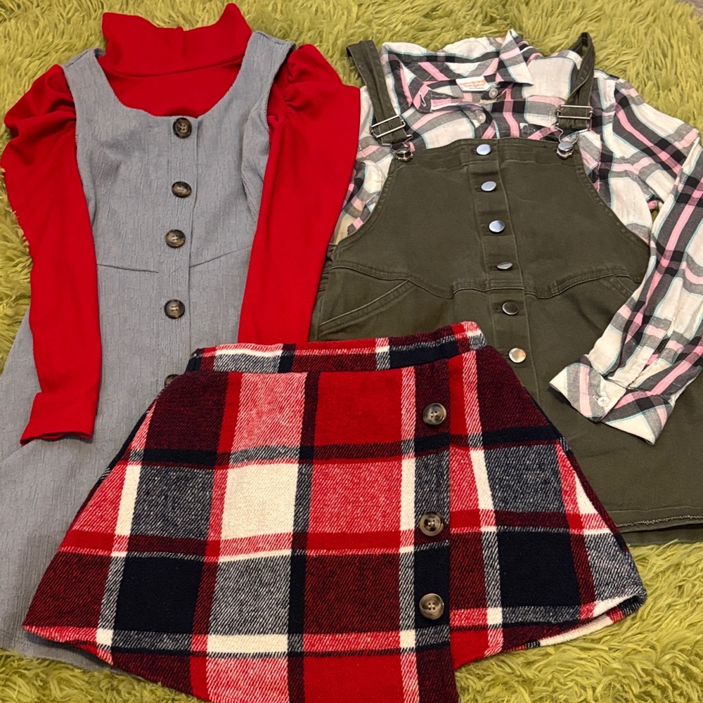 Girls Jumper Dress Plaid Skirt and Shirts Bundle Sz 7